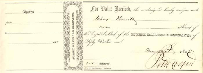 Sussex Railroad Co. signed by Peter Cooper - Transfer of Stock Receipt